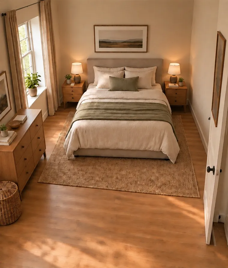 After: The bed moves to the far wall. The door is in view on a diagonal and the headboard has a solid wall behind it.