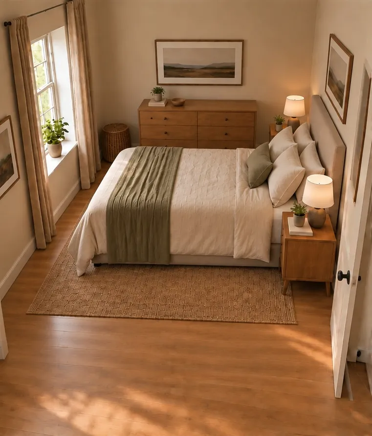 Before: The headboard is on the same wall as the door, so from the pillow the door is beside and behind you.