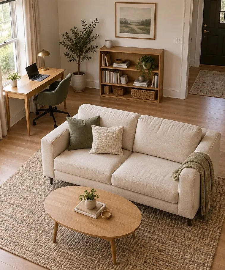 After: The desk moves to the corner by the window and the route in from the door runs clear around the sofa.