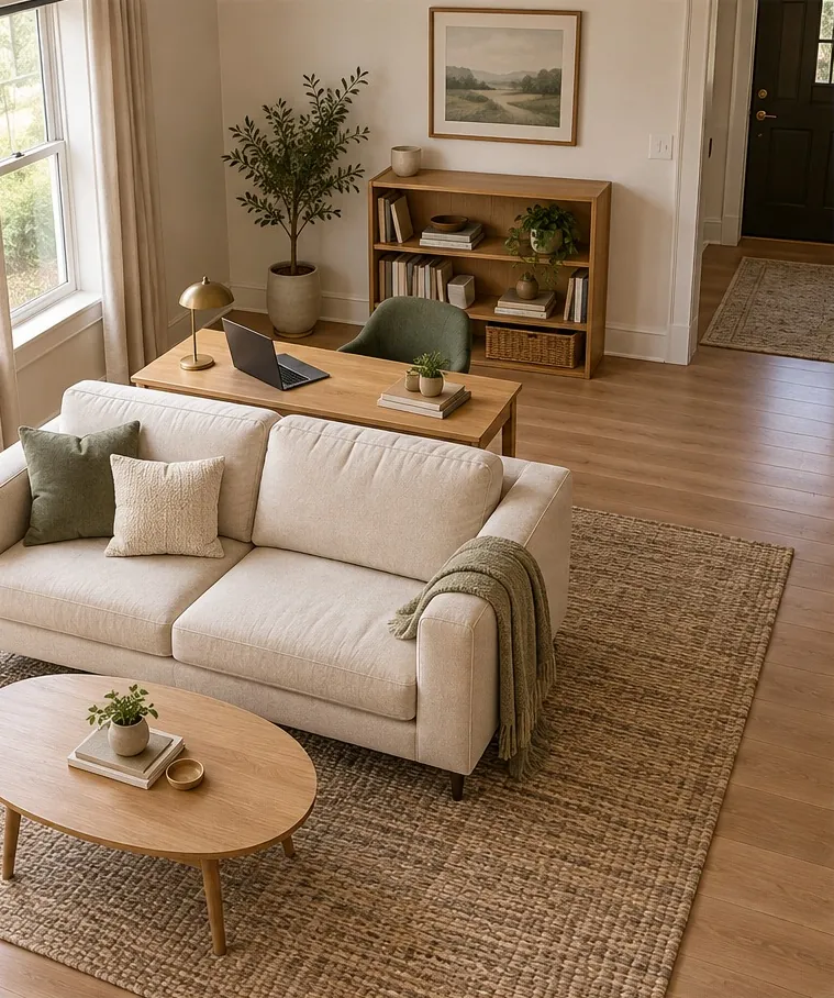 Before: A desk stands behind the sofa, across the route from the front door into the living room.