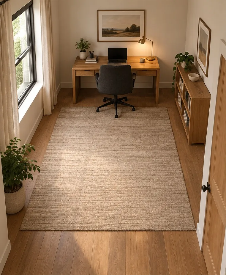 Before: The desk is pushed against the far wall, so whoever sits there has the door behind them.