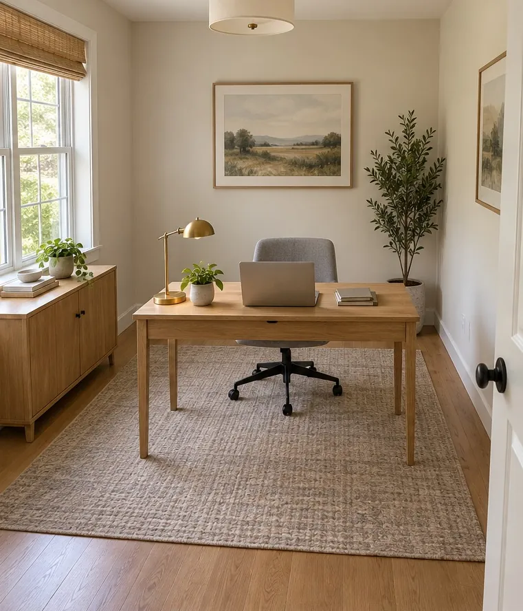 After: The desk comes into the room with the chair backed by the wall, and the cabinet moves under the window.