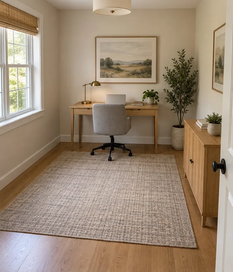 Before: The desk is on the far wall and the cabinet beside the door, so you work with your back to it.