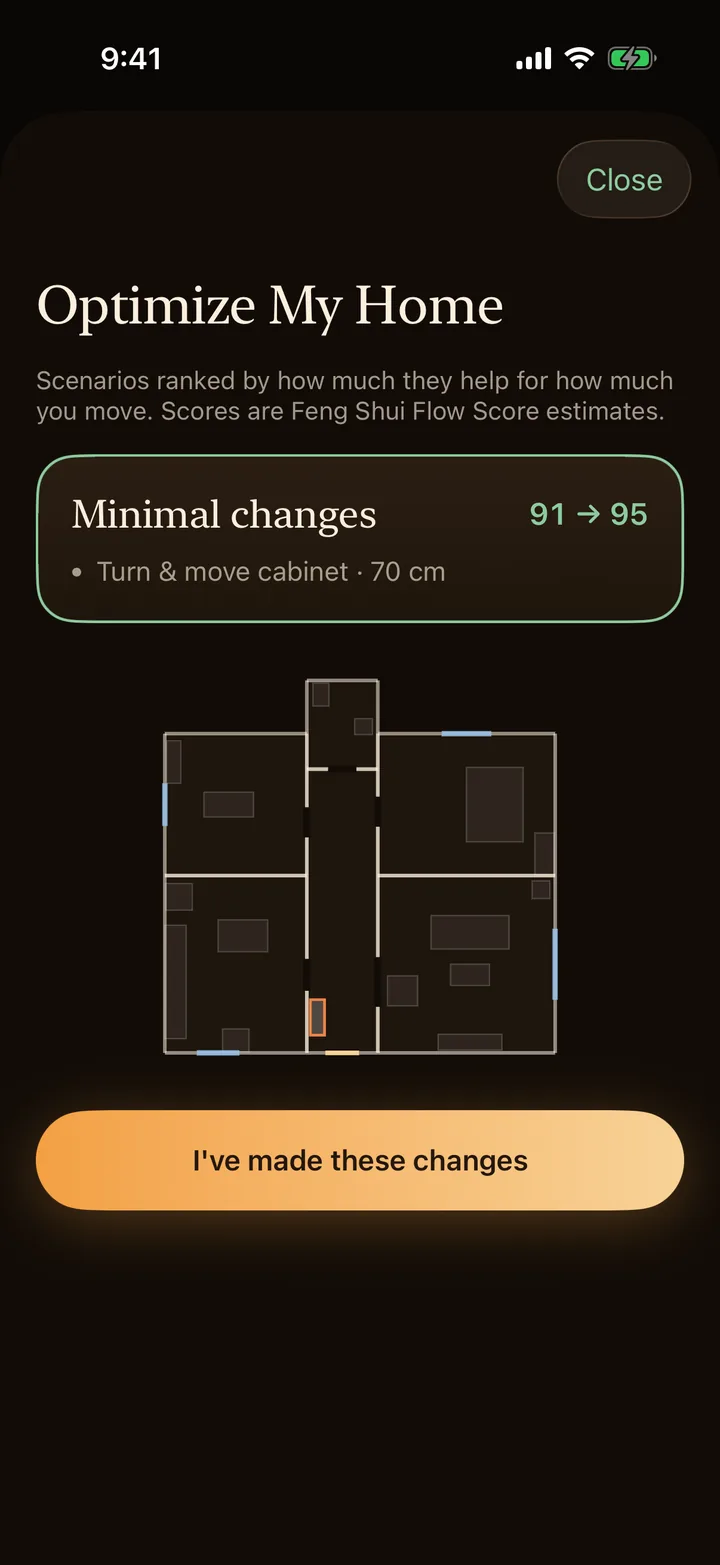 Feng Shui AR’s Optimize My Home screen listing suggested furniture moves