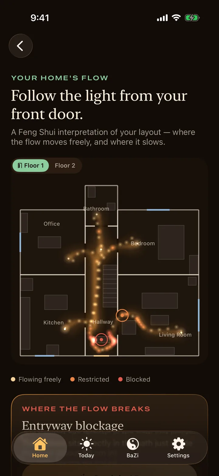Feng Shui AR showing the ground floor of a two-storey home with the flow, the stairs and a Floor 1 / Floor 2 switcher